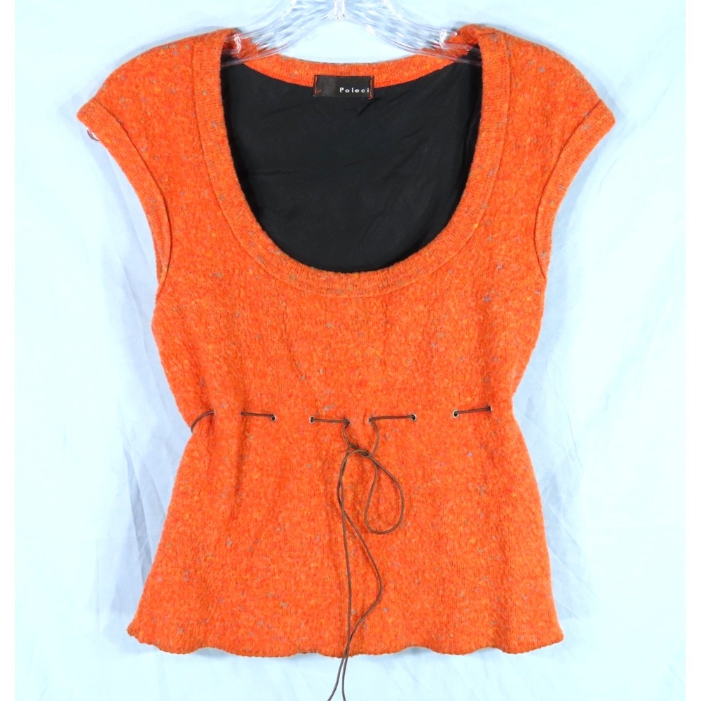 POLECI Earthy Orange Flecked SLEEVELESS SWEATER Lined Wool Blend TIE WAIST sz L